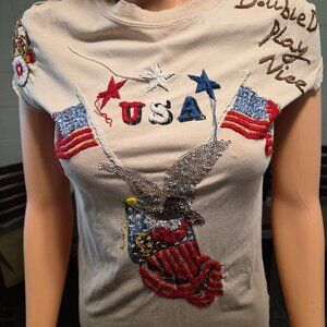 DOUBLE D RANCH -PATRIOTIC T-SHIRT.  SIZE:  XS.   Khaki/Tan